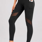 SparkNine Meshmotion sportlegging - dames - met zakken - L - zwart - stijlvolle mesh panelen - telefoon zakken - elastisch - squatproof