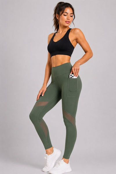 SparkNine Meshmotion sportlegging - dames - met zakken - S - groen - stijlvolle mesh panelen - telefoonzakken - elastisch - squatproof