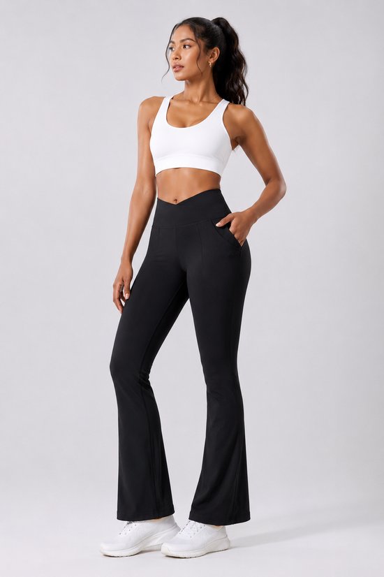 SparkNine Vivaflow flare broek dames - stijlvol V-design - M - zwart - ademend met uitlopende pijpen - sneldrogend & ademend - stretch