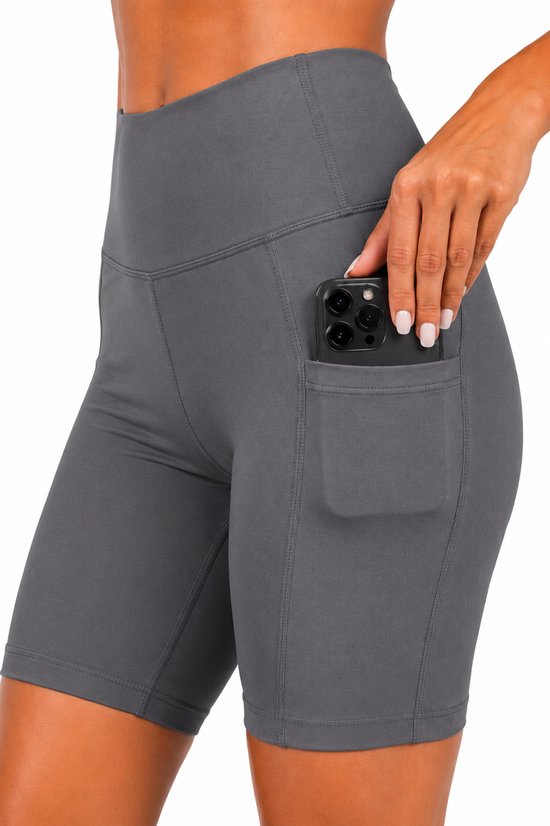 SparkNine Softflow korte sportbroek - met zakken - zachte stof - L - grijs - dames short - half lang - fietsshort