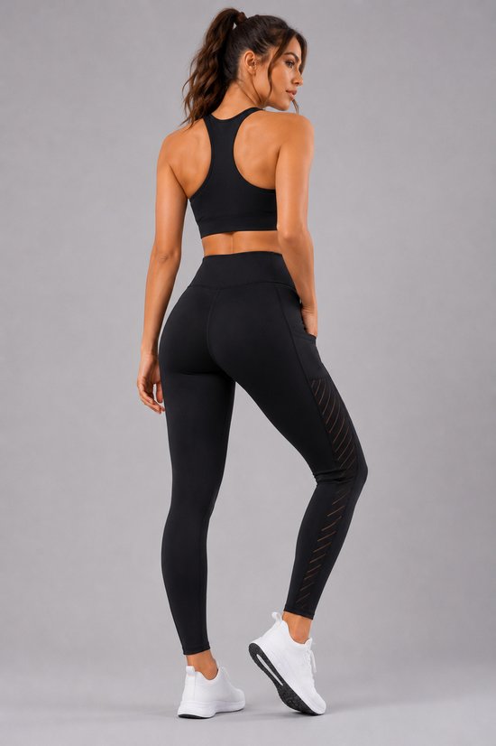 SparkNine Breathflex sportlegging dames - ademend - met zakken - XL - zwart - geruite mesh panelen - met zakken - elastisch