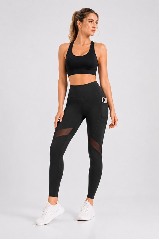 SparkNine Meshmotion sportlegging - dames - met zakken - XL - zwart - stijlvolle mesh panelen - telefoon zakken - elastisch - squatproof
