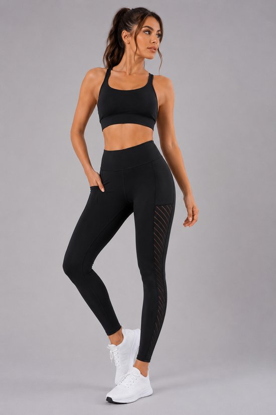 SparkNine Breathflex sportlegging dames - ademend - met zakken - S - zwart - geruite mesh panelen - met zakken - elastisch