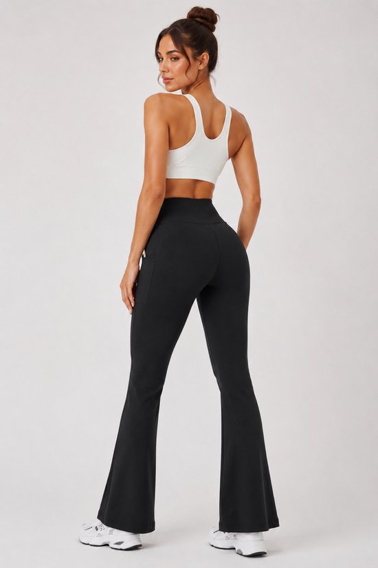 SparkNine Solara flare broek - M - zwart - hoge taille - uitlopend - voorzakken - stijlvol & comfortabel