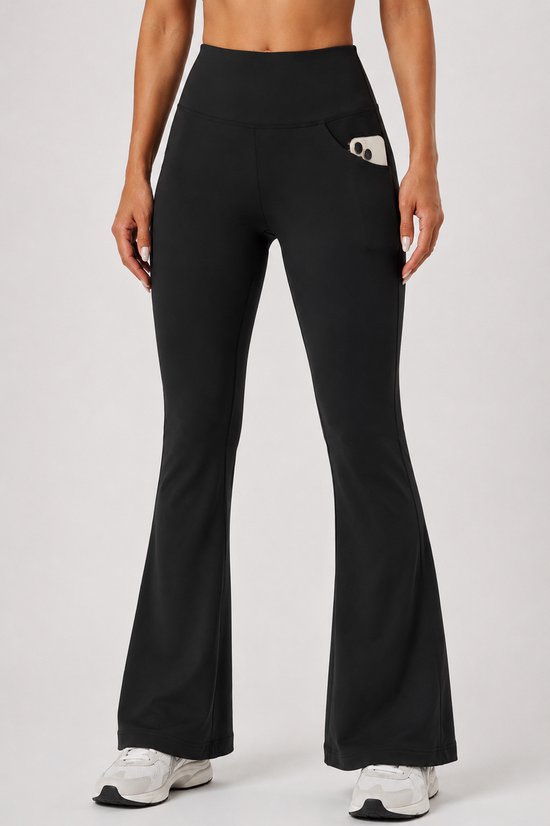 SparkNine Solara flare broek - M - zwart - hoge taille - uitlopend - voorzakken - stijlvol & comfortabel