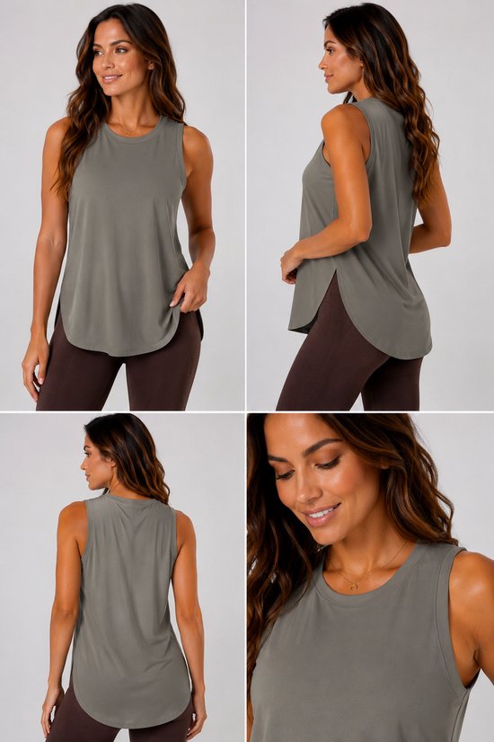 SparkNine Flexsplit tanktop - lange pasvorm - S - donkergrijs - mouwloos - met zijsplit - ademend