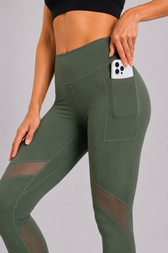 SparkNine Meshmotion sportlegging - dames - met zakken - S - groen - stijlvolle mesh panelen - telefoonzakken - elastisch - squatproof