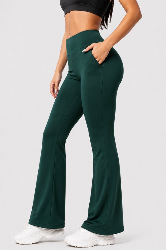 SparkNine Horizon flare broek - dames legging met zakken - petite pijplengte - XL - groen - hoge taille - stijlvol & elastisch - sportlegging