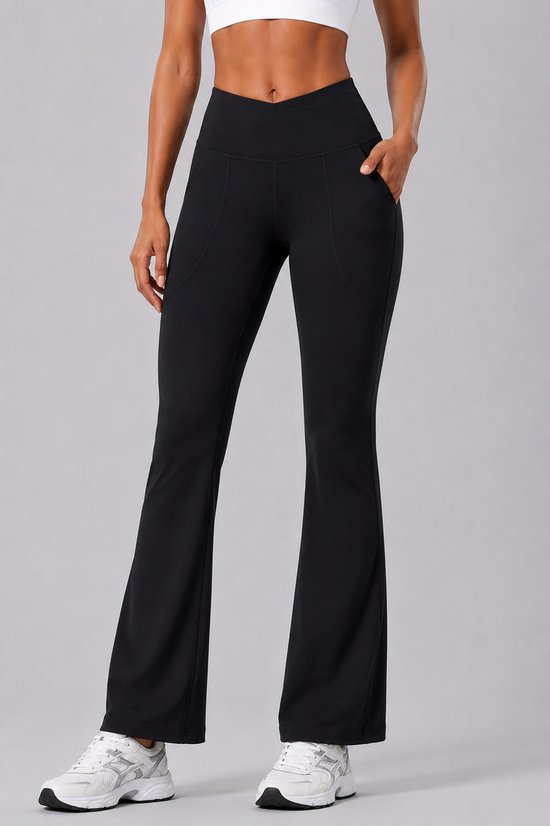 SparkNine Vivaflow flare broek dames - stijlvol V-design - L - zwart - ademend met uitlopende pijpen - sneldrogend & ademend - stretch