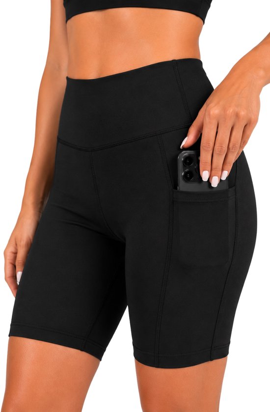 SparkNine Softflow korte sportbroek - met zakken - zachte stof - 4XL - zwart - dames short - half lang - fietsshort