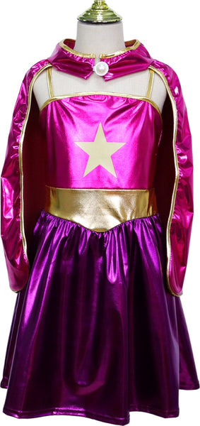Metallic Superheldin Verkleedjurk met cape en kroon Roze & Paars