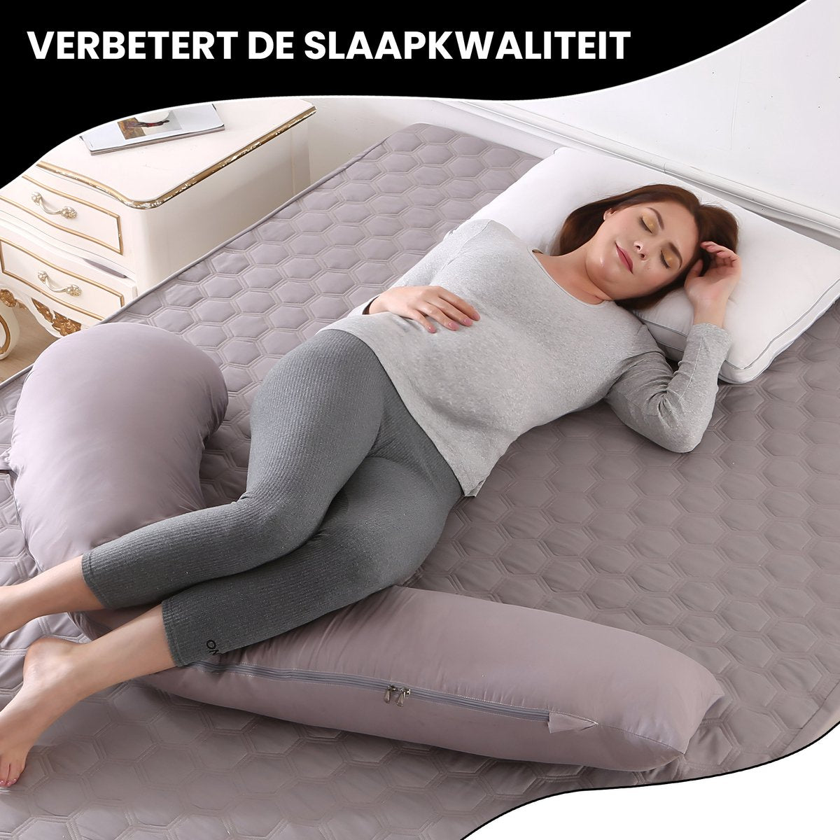 Oemmie Zwangerschapskussen - Voedingskussen - Zijslaapkussen - Lichaamskussen - J-vorm - 145x45 cm - Grijs