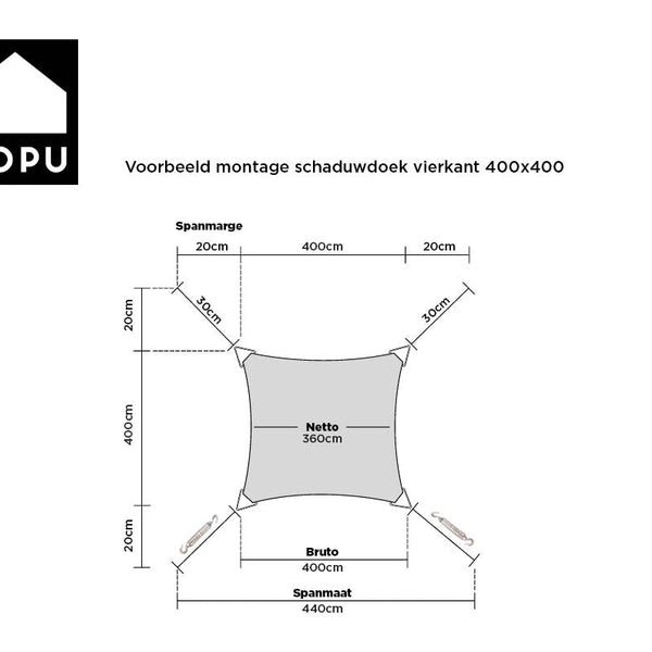 Kopu® Schaduwdoek 4x4 mtr Vierkant Waterdicht 230 gram Zonnedoek - Grijs