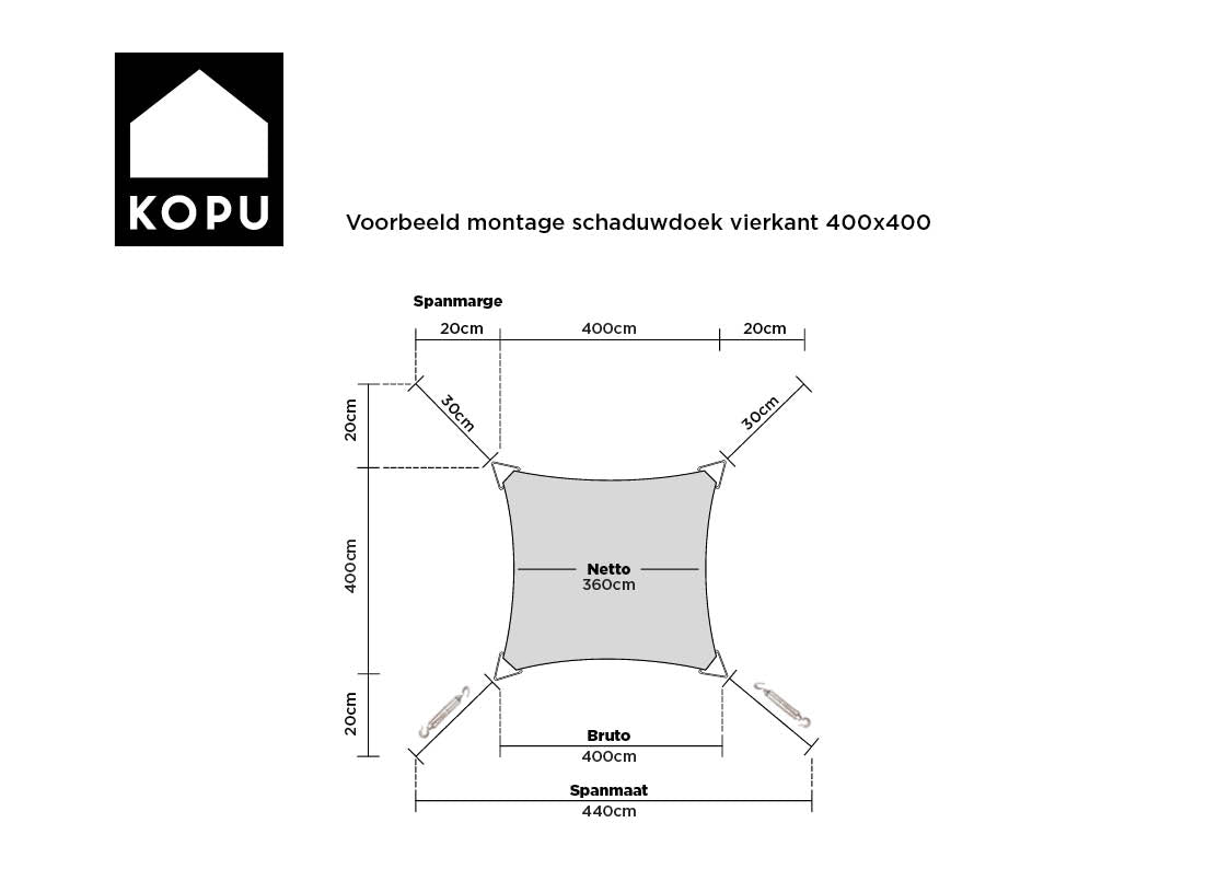 Kopu® Schaduwdoek 4x4m Vierkant Waterdicht 230 gram Zonnedoek - Creme
