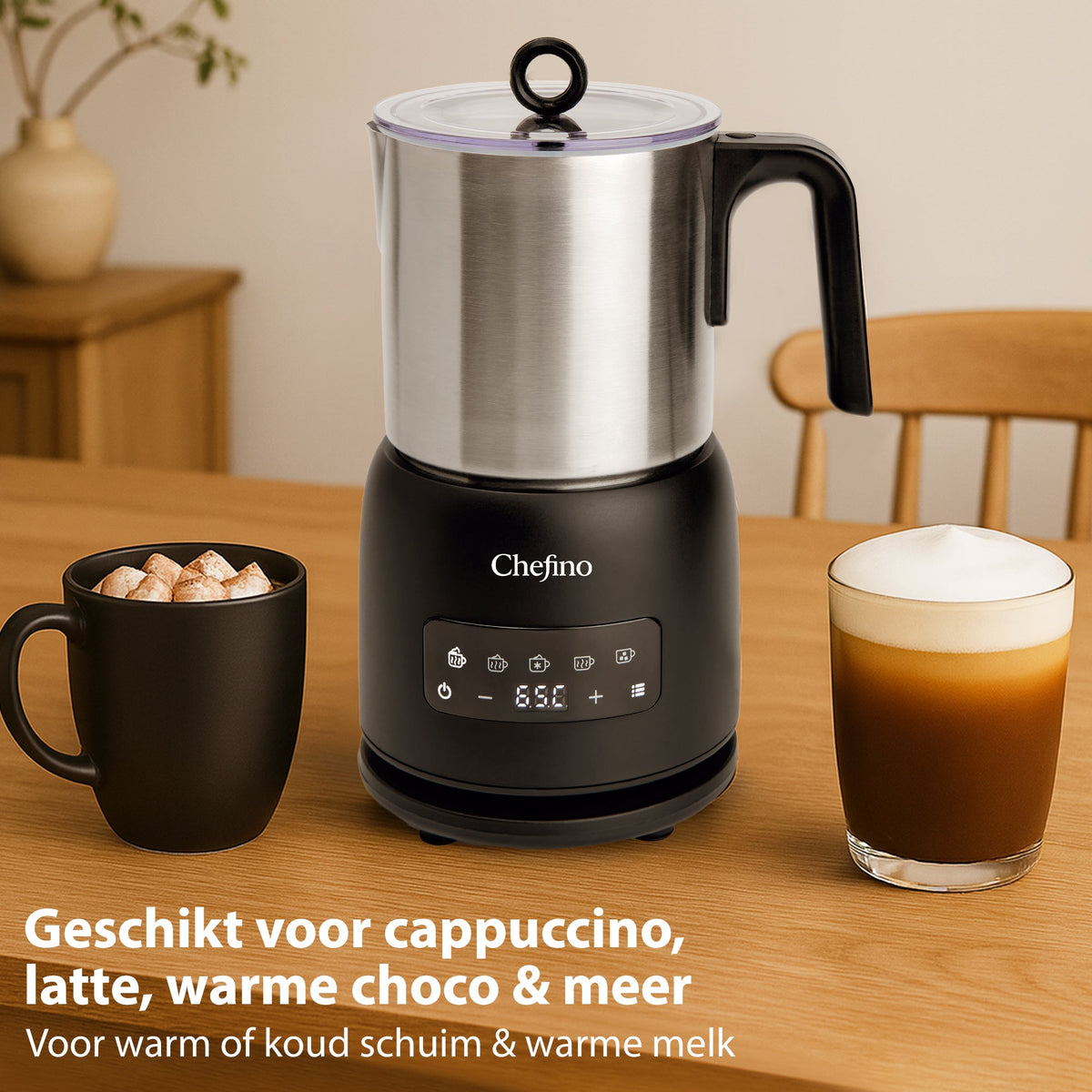 Chefino Melkopschuimer – PFAS-vrij & RVS – 4 Programma’s – Warm & Koud Opschuimen – 300 ml – 550 W – Automatische Uitschakeling – Vaatwasserbestendig – Zwart-Zilver