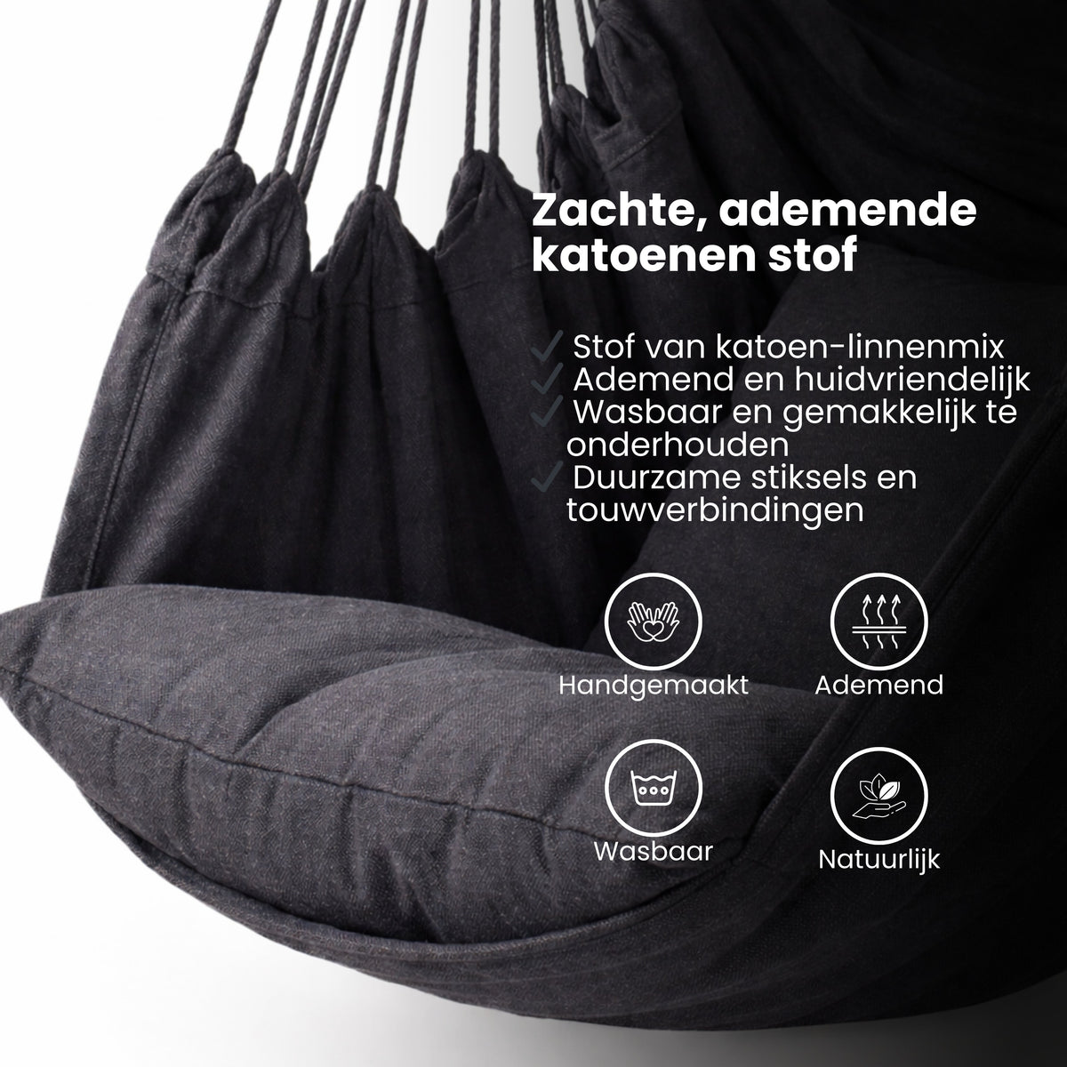 Hangstoel met Kussen – Hangende Stoel voor Binnen en Buiten – Inclusief Ophangset – Belastbaar tot 125 kg – Katoenen Hangstoel voor Tuin, Balkon, Slaapkamer & Balkon – Zwart