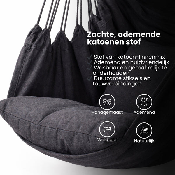 Hangstoel met Kussen – Hangende Stoel voor Binnen en Buiten – Inclusief Ophangset – Belastbaar tot 125 kg – Katoenen Hangstoel voor Tuin, Balkon, Slaapkamer & Balkon – Zwart