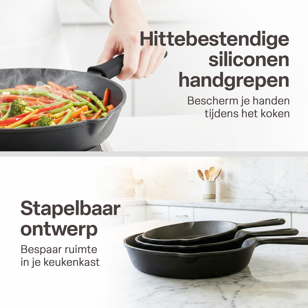 Gietijzeren Koekenpan Set 3-delig – Skillet Set Ø16, Ø19,5 & Ø24,5 cm – Voorgekruid Gietijzer – Geschikt voor Inductie, Gas, Oven & BBQ – Inclusief Siliconen Handgrepen
