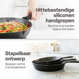 Gietijzeren Koekenpan Set 3-delig – Skillet Set Ø16, Ø19,5 & Ø24,5 cm – Voorgekruid Gietijzer – Geschikt voor Inductie, Gas, Oven & BBQ – Inclusief Siliconen Handgrepen