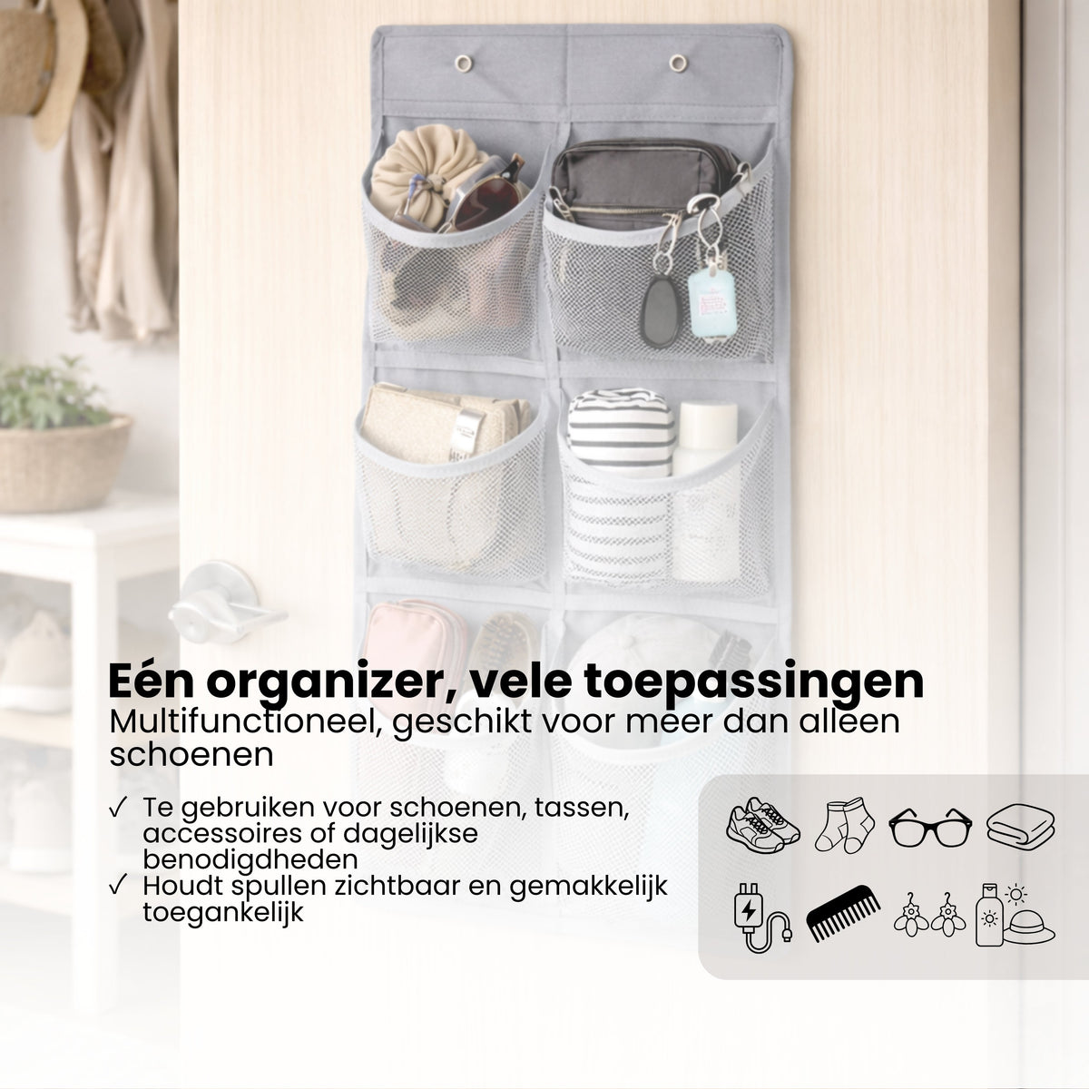 Schoenenkast Hangend - Schoenenzak 6 vakken - Opbergen van Schoenen aan Deur - Schoenenzak Grijs - Oplossing voor rondslingerende schoenen - Hoogwaardige Schoenenkast