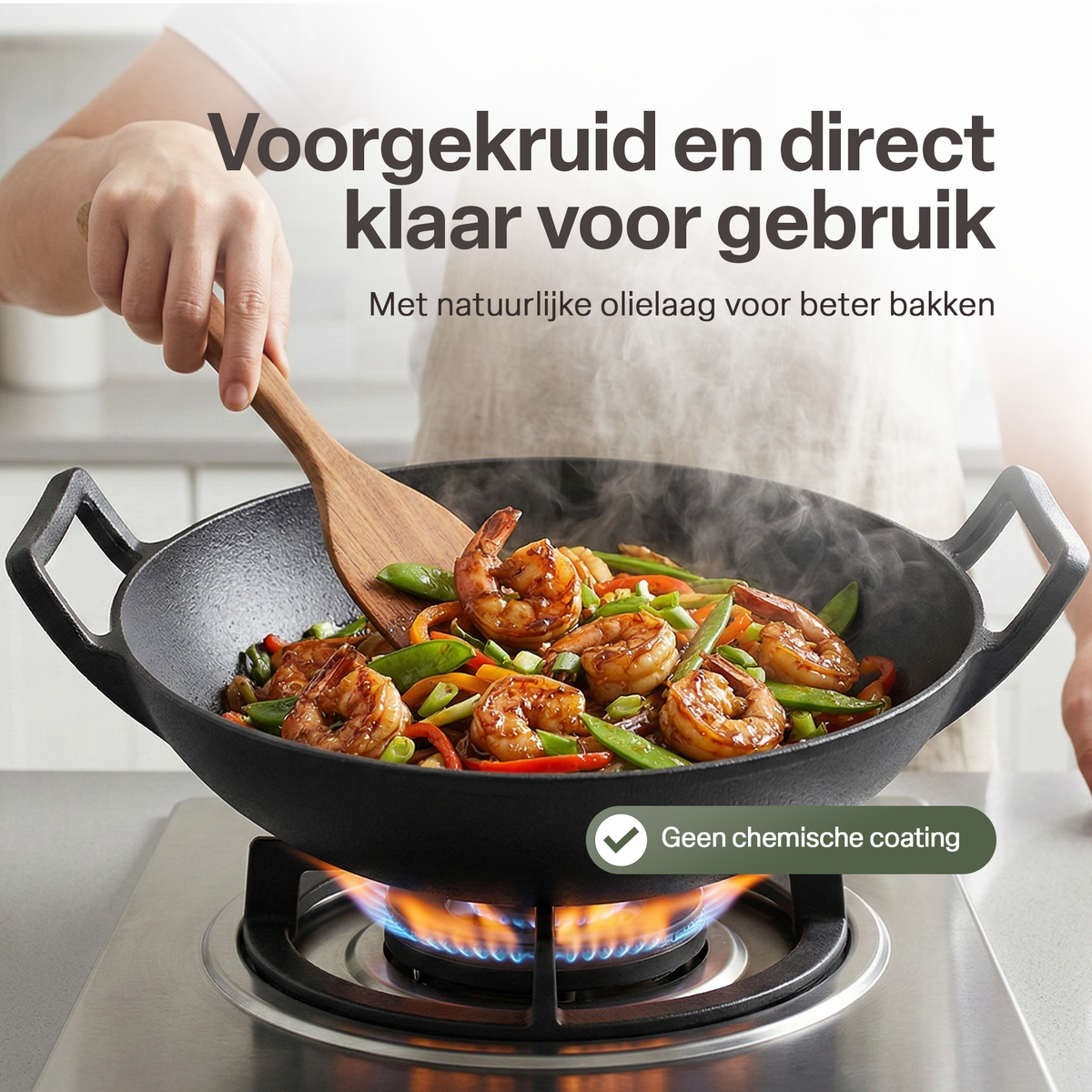Gietijzeren Wok Ø36 cm met Houten Deksel – Wokpan Gietijzer voor Inductie, Gas, Oven & BBQ –  Pre-seasoned  – Grote Wokpan met Handgrepen – Professionele Wok