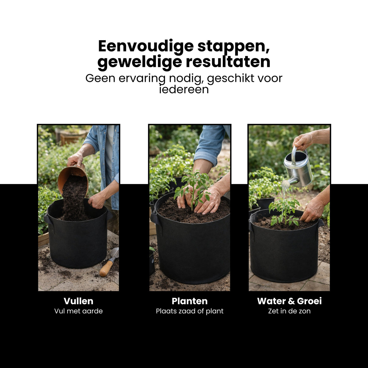 Kweekzak 40 cm – Stoffen Kweekpot met Handgrepen – Ademend & Herbruikbaar – Groeizak voor Groenten, Fruit en Kruiden – Zwarte Plantenbak Buiten & Binnen – 32L