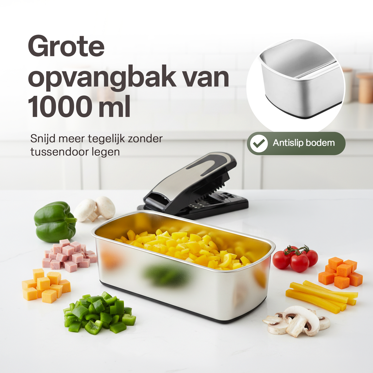 Chefino Multi - Groentesnijder Set 12-delig – Mandoline Snijder & Groentehakker – Blokjessnijder, Julienne Snijder & Rasp – Groente Snijder met Opvangbak 1L – Keukensnijder met 7 Snijopties