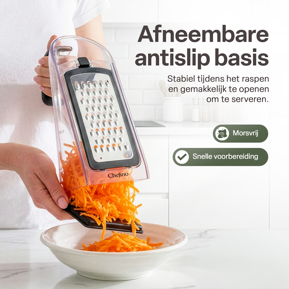 Chefino Fineza - Kaasrasp met Opvangbak – RVS Groenterasp – Keukenrasp met Container – 3 Verwisselbare Raspbladen – Handrasp voor Kaas, Groenten en Citroenrasp – Antislip