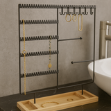 Sieradenhouder Zwart met Houten Bodem – Organizer voor Kettingen, Oorbellen en Armbanden – Met Haakjes, Gaatjes en Opbergvakjes – 36,8 x 29 cm