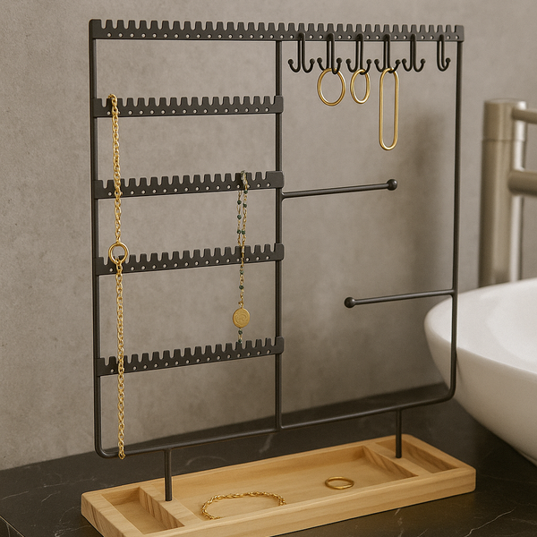 Sieradenhouder Zwart met Houten Bodem – Organizer voor Kettingen, Oorbellen en Armbanden – Met Haakjes, Gaatjes en Opbergvakjes – 36,8 x 29 cm