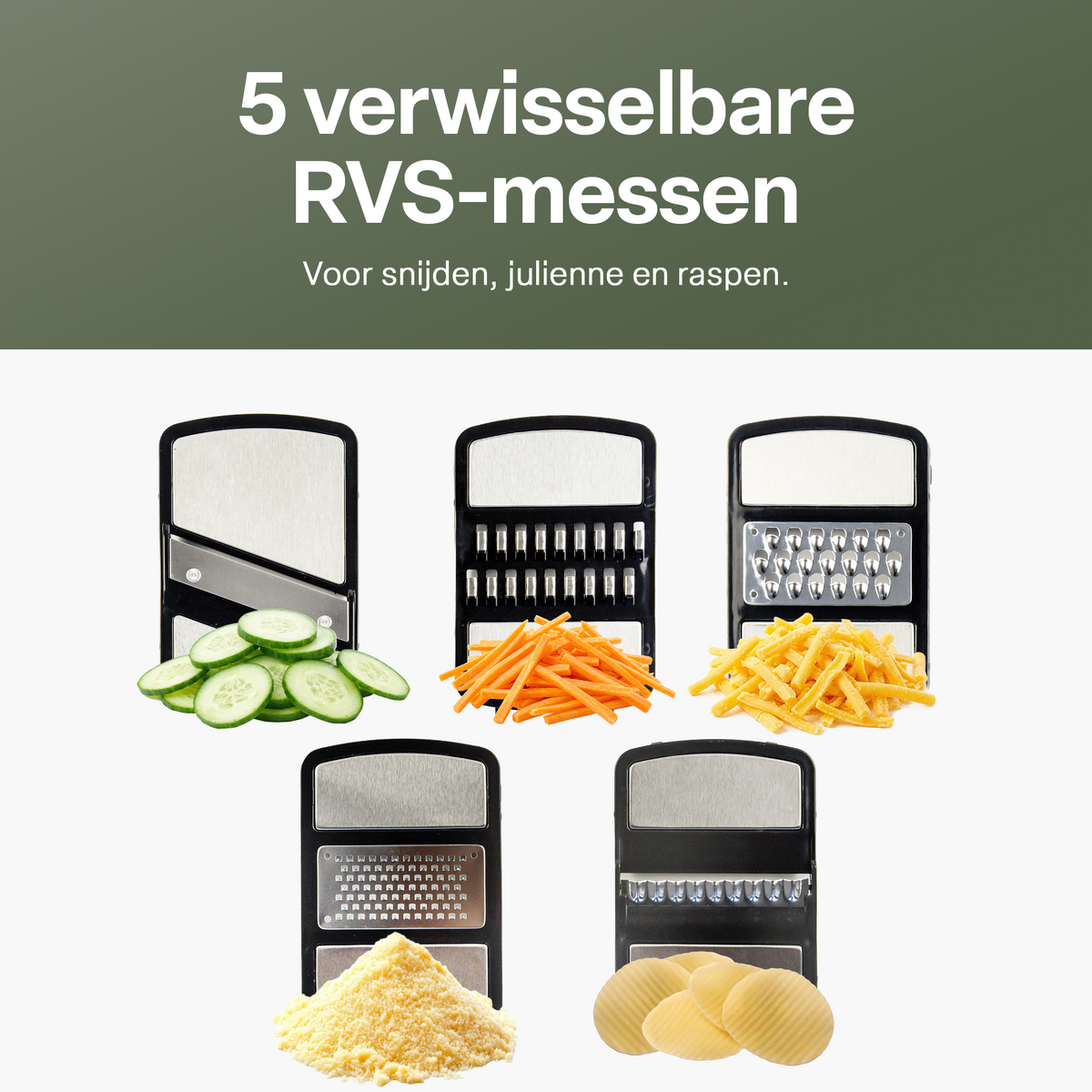 Chefino All In - Slacentrifuge RVS 5L met Snij- en Raspmessen – Salade Spinner – Sladroger – Slakom met Mandoline – Groentesnijder – Julienne Snijder – RVS Mengkom