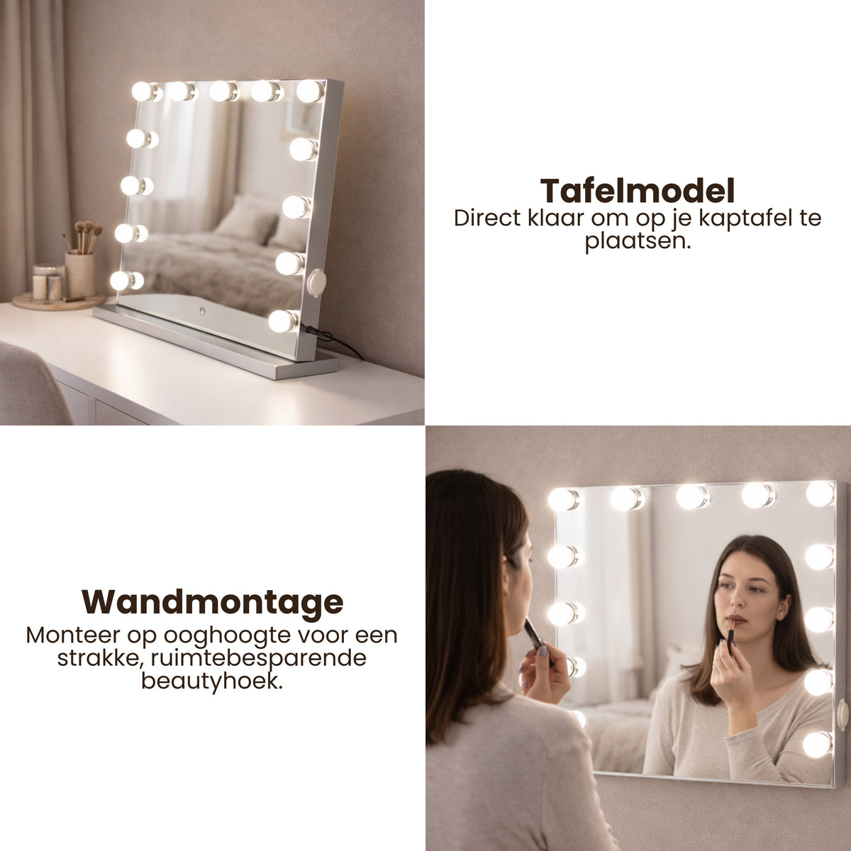 Hollywood Spiegel met Verlichting – Make-up Spiegel met LED Lampen – Dimmbaar & Touchbediening – Tafelmodel & Wandmontage – Kaptafel Spiegel met Verlichting – 58 x 48 cm – Wit