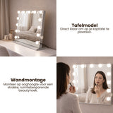 Hollywood Spiegel met Verlichting – Make-up Spiegel met LED Lampen – Dimmbaar & Touchbediening – Tafelmodel & Wandmontage – Kaptafel Spiegel met Verlichting – 58 x 48 cm – Wit
