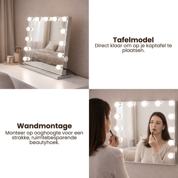 Hollywood Spiegel met Verlichting – Make-up Spiegel met LED Lampen – Dimmbaar & Touchbediening – Tafelmodel & Wandmontage – Kaptafel Spiegel met Verlichting – 58 x 48 cm – Wit