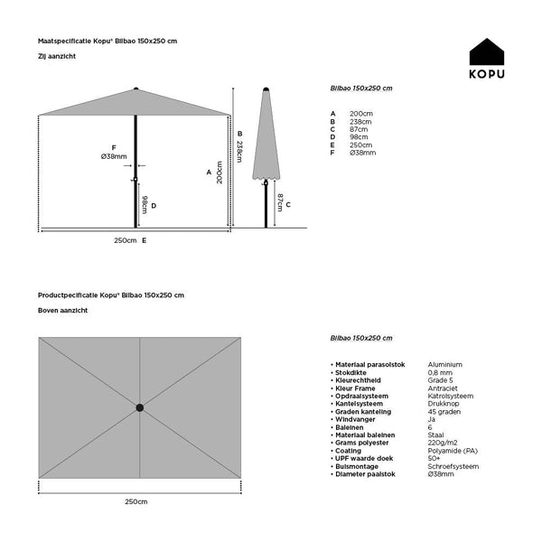 Kopu® Bilbao Parasol Rechthoekig 150x250 cm met Knikarm - Zwart
