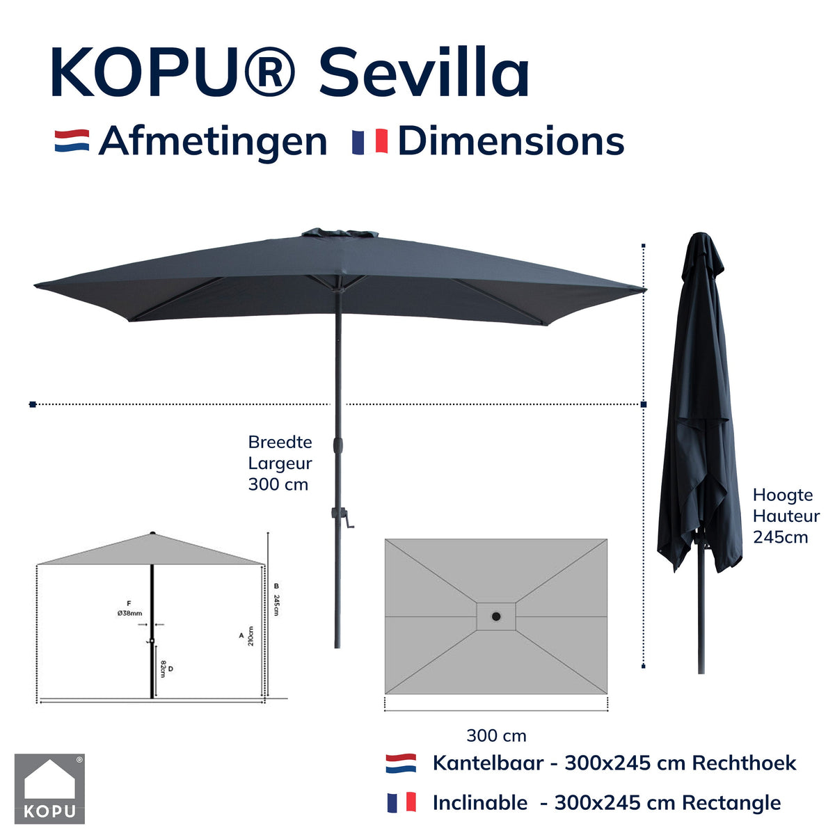 Kopu® Sevilla Parasol Rechthoek 200x300 cm met Hoes en Voet Grijs