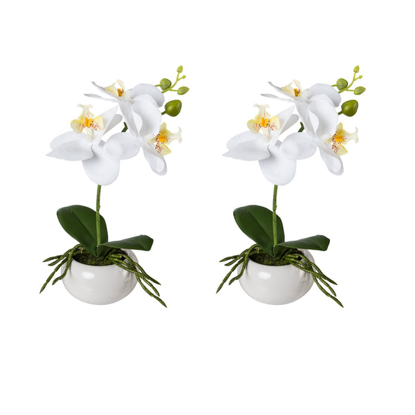 Kopu® Set 2 stuks Mini Kunstplant Orchidee 27 cm in witte Sierpot - Wit