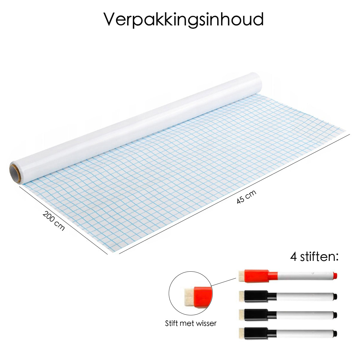 Whiteboard Folie XL Zelfklevend 45 cm x 200 cm - Inclusief 4 Stiften en Wisser
