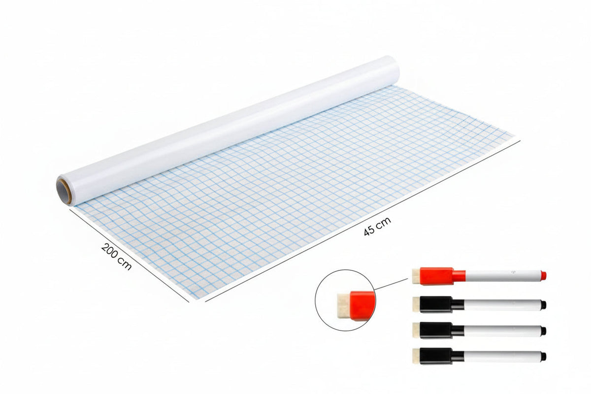 Whiteboard Folie XL Zelfklevend 45 cm x 200 cm - Inclusief 4 Stiften en Wisser