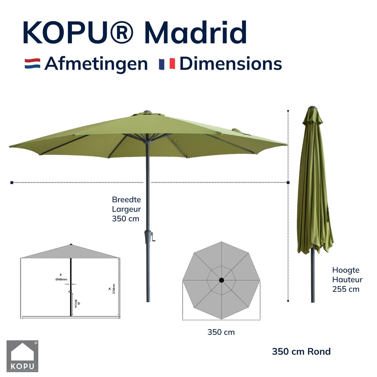Kopu® Madrid grote Parasol Rond 350 cm met Beschermhoes en Voet - Olijfgroen