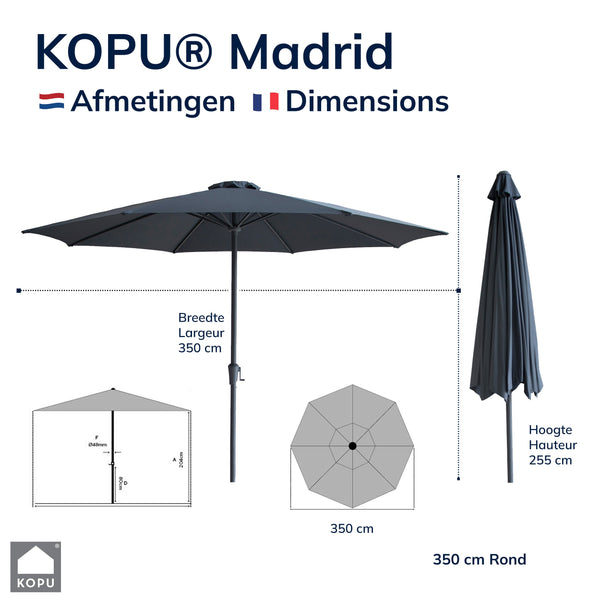 Kopu® Set Madrid 350 cm Grote Parasol Rond met Beschermhoes en Parasolvoet - Grijs