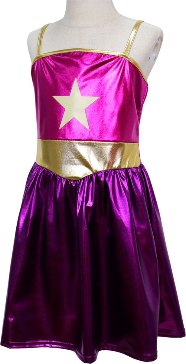 Metallic Superheldin Verkleedjurk met cape en kroon Roze & Paars