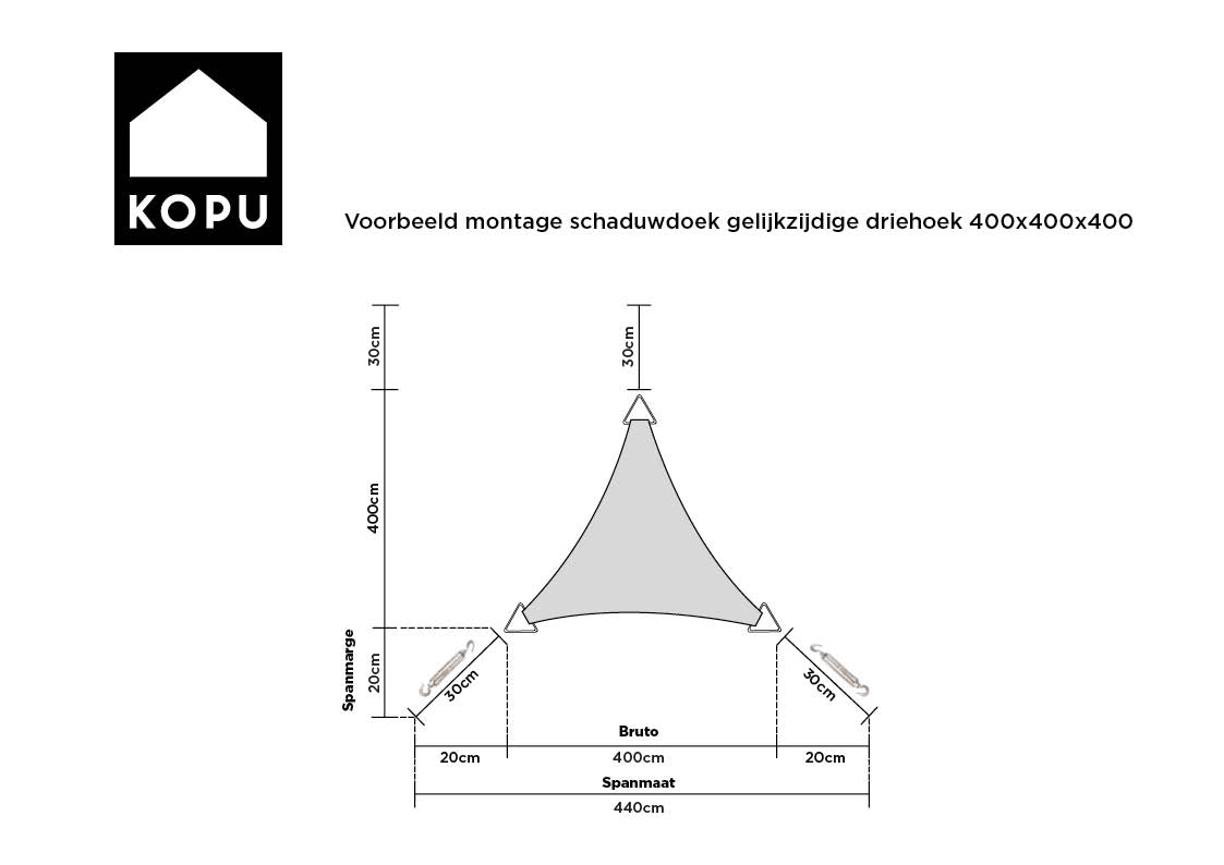 Kopu® Schaduwdoek Driehoek 4x4x4 mtr Waterdicht 230 grams - Creme