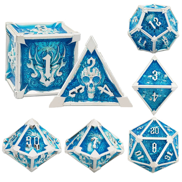 7-delige Metal Dice Set – “Frostbite” (Blauw met Zilver)