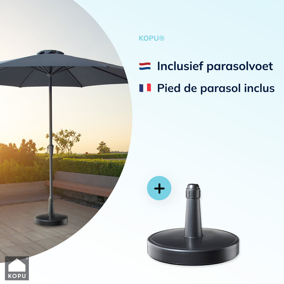 Kopu® Set Madrid 350 cm Grote Parasol Rond met Beschermhoes en Parasolvoet - Grijs