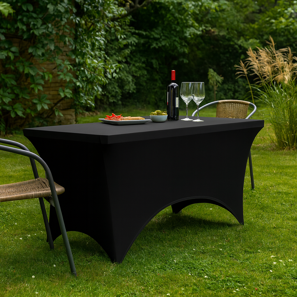 Rechthoekige Tafelhoes Stretch – 180 x 75 x 75 cm – Elastisch & Strak – Wasbaar – Zwart – Voor Feesten, Beurzen & Evenementen