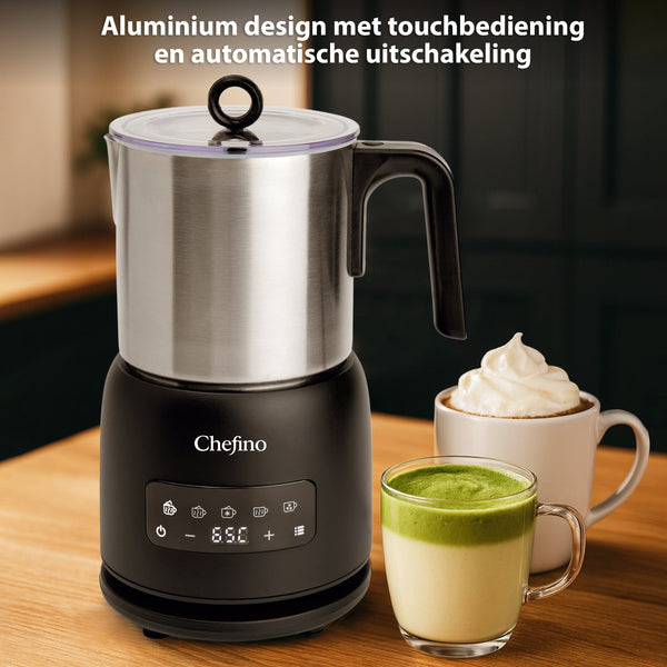 Chefino Melkopschuimer – PFAS-vrij & RVS – 4 Programma’s – Warm & Koud Opschuimen – 300 ml – 550 W – Automatische Uitschakeling – Vaatwasserbestendig – Zwart-Zilver