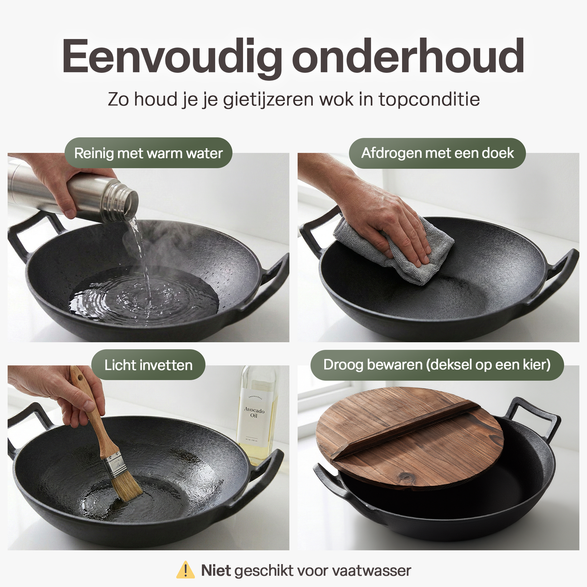 Gietijzeren Wok Ø36 cm met Houten Deksel – Wokpan Gietijzer voor Inductie, Gas, Oven & BBQ –  Pre-seasoned  – Grote Wokpan met Handgrepen – Professionele Wok