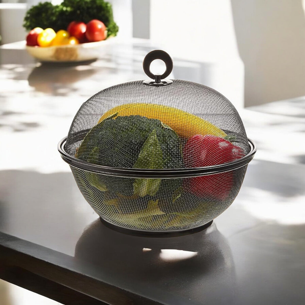 Fruitmand met Vliegenkap - Zwart - Diameter: 22,5 cm - Fruitopbegrer - Zwarte Fruitmand
