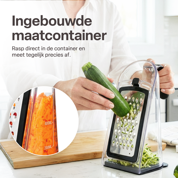 Chefino Fineza - Kaasrasp met Opvangbak – RVS Groenterasp – Keukenrasp met Container – 3 Verwisselbare Raspbladen – Handrasp voor Kaas, Groenten en Citroenrasp – Antislip